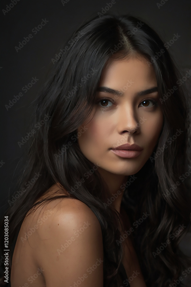 a beautiful woman, black hair, thin on dark background a beautiful woman, black hair, thin on dark background