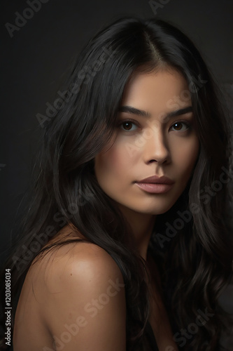a beautiful woman, black hair, thin on dark background