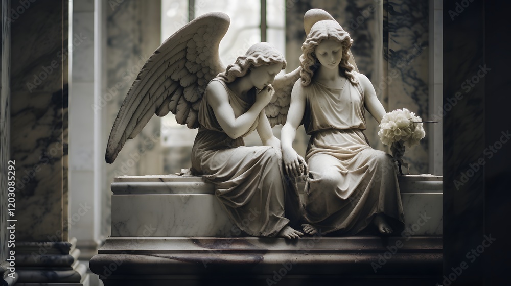 Naklejka premium Pair of elegant angel statues guarding the entrance to a marble tomb in a quiet serene cemetery landscape The ornate detailed figures stand watch over the solemn resting place