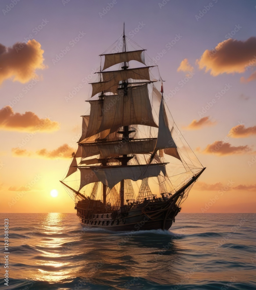 Obraz premium An old sailing ship sails across a tranquil ocean at sunset, beautiful sky, nautical scene