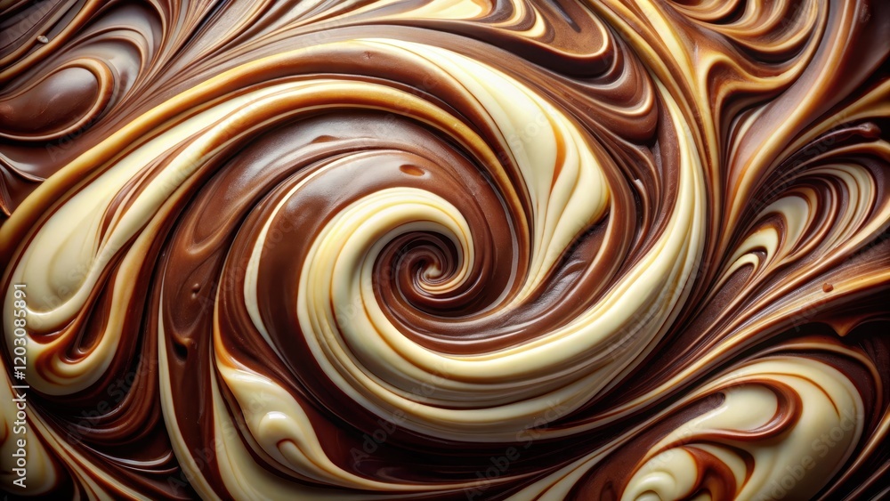 Rich brown chocolate with swirling patterns of creamy white and dark brown colors, set against a subtle texture background, tasty, food photography Rich brown chocolate with swirling patterns of creamy white and dark brown colors, set against a subtle texture background, tasty, food photography
