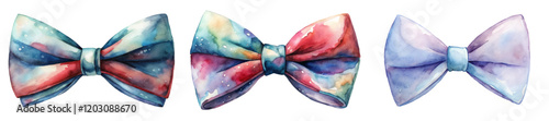 Colorful watercolor bow ties, vibrant patterns, artistic design, fashion accessories, stylish illustrations, creative gift ideas.