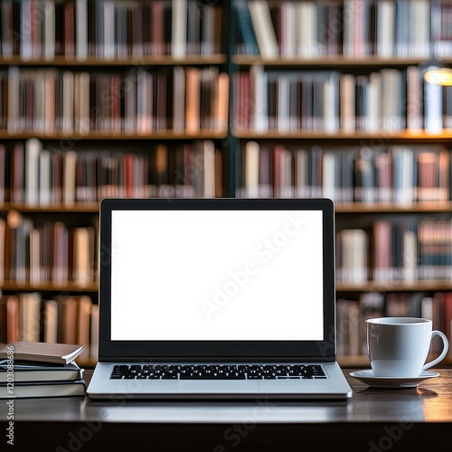 Laptop with blank screen on table in Modern library or bookstore interior with Learning and coworking space,relax zone,Library with rows of bookshelves,school or university,education concept.