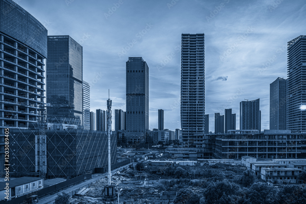 Modern Urban Landscape in Blue Tones Showcasing Architectural Diversity Modern Urban Landscape in Blue Tones Showcasing Architectural Diversity