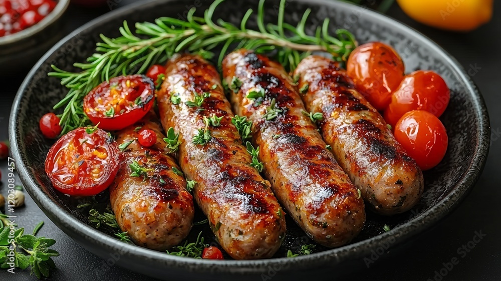 Grilled sausages, roasted cherry tomatoes, rosemary, thyme. Delicious food photography for recipe blogs, cookbooks Grilled sausages, roasted cherry tomatoes, rosemary, thyme. Delicious food photography for recipe blogs, cookbooks