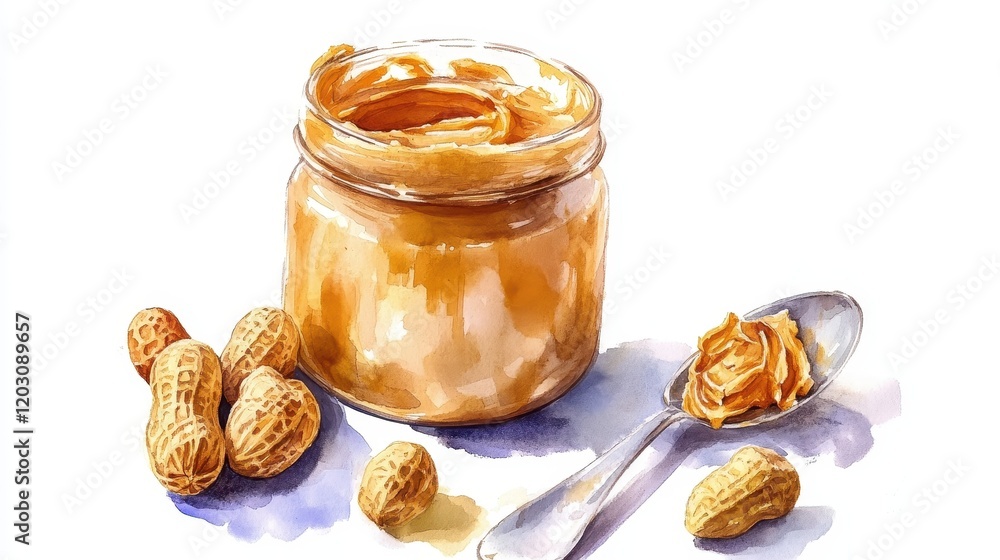 Watercolor set of Peanut Butter in jam bottle,Peanut butter sandwiches or toasts on light table background,Breakfast,Vegetarian food,copy space. Watercolor set of Peanut Butter in jam bottle,Peanut butter sandwiches or toasts on light table background,Breakfast,Vegetarian food,copy space.