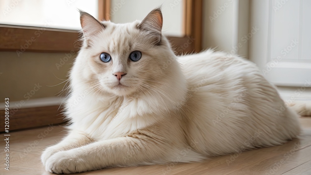Cream point ragdoll cat laying on the floor indoor Cream point ragdoll cat laying on the floor indoor