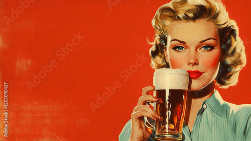 ビールを飲むレトロな女性のイラスト