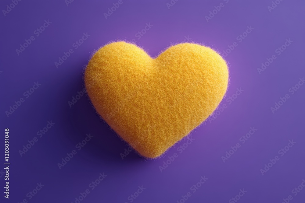 Fototapeta premium A yellow felt-textured fluffy heart icon on a solid purple background. The 3D rendering highlights the fine fluff and simplicity of the design, creating a cheerful vibe.
