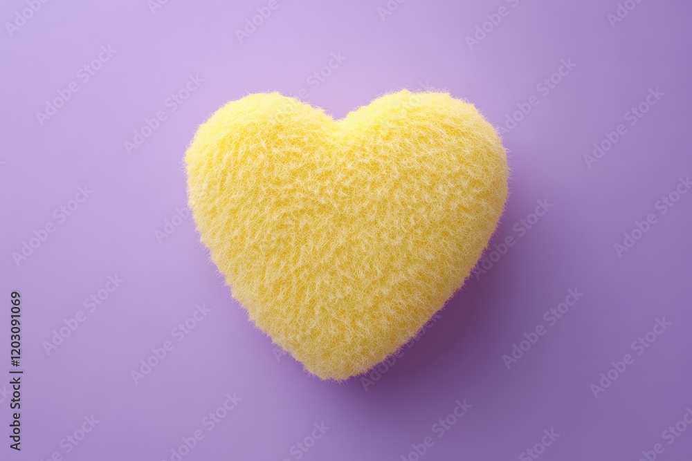 Fototapeta premium A yellow felt-textured fluffy heart icon on a solid purple background. The 3D rendering highlights the fine fluff and simplicity of the design, creating a cheerful vibe.