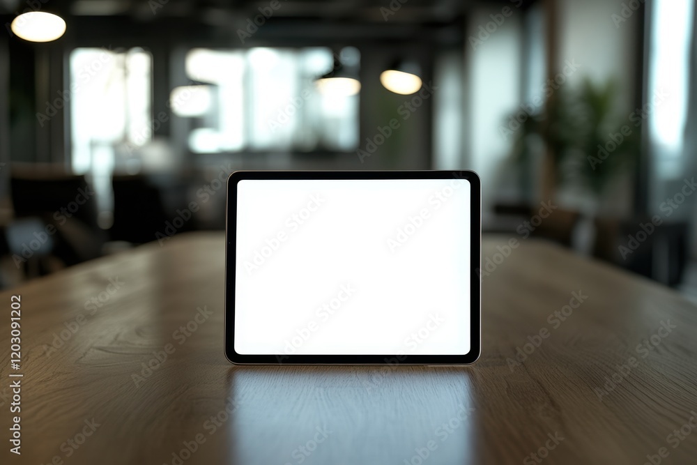 Blank digital tablet on wooden table in office Blank digital tablet on wooden table in office