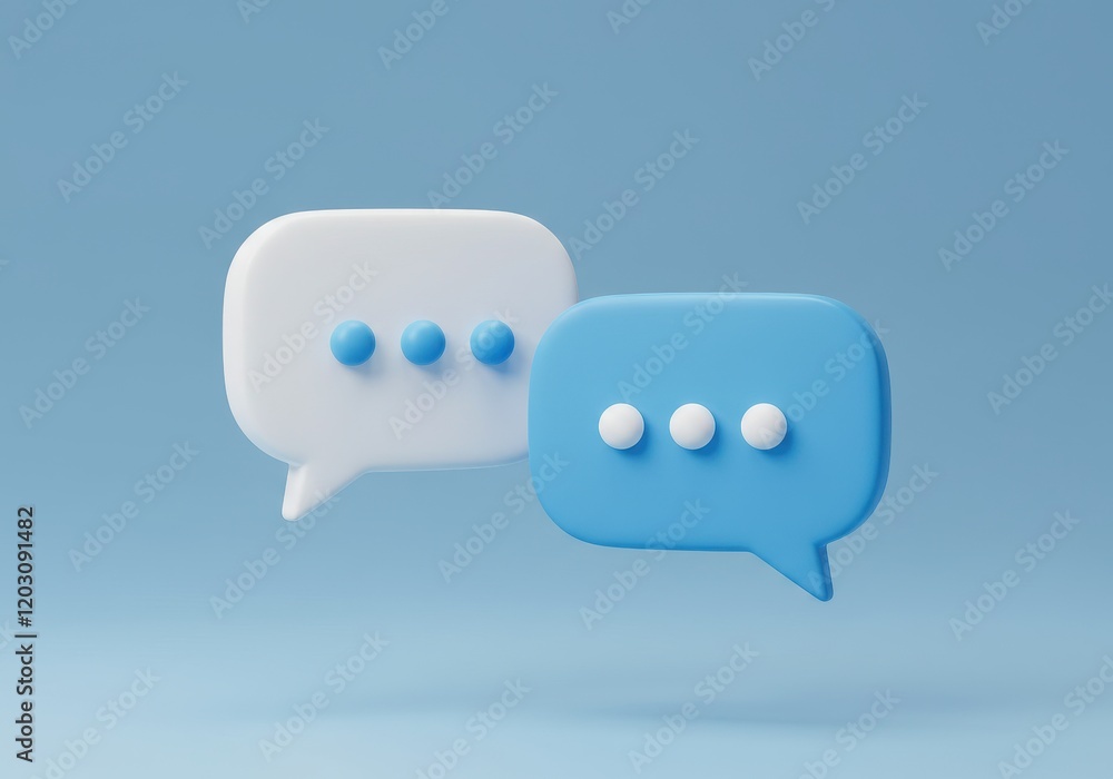 A 3D illustration of two speech bubbles one white and one blue each with three dots indicating an ongoing conversation A 3D illustration of two speech bubbles one white and one blue each with three dots indicating an ongoing conversation