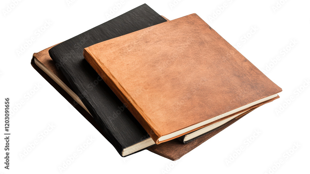 A collection of elegant leather-covered notebooks stacked together showcasing texture. transparent background A collection of elegant leather-covered notebooks stacked together showcasing texture. transparent background