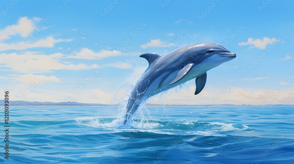 Fototapeta premium Playful dolphin jumping out of the turquoise ocean waters wearing a pair of whimsical goggles creating a fun and carefree summer scene This image captures the spirit of adventure freedom