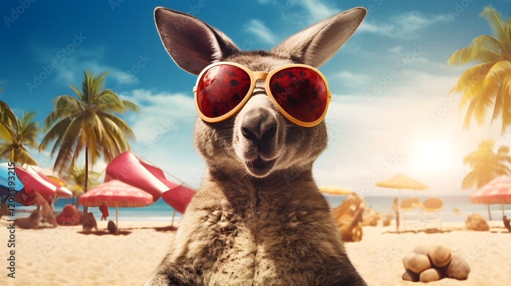 Fototapeta premium Sporty and Energetic Kangaroo Wearing Sunglasses and Holding a Vibrant Beach Ball in an Outdoor Natural Setting Depicting an Adventurous and Playful Summer Scene