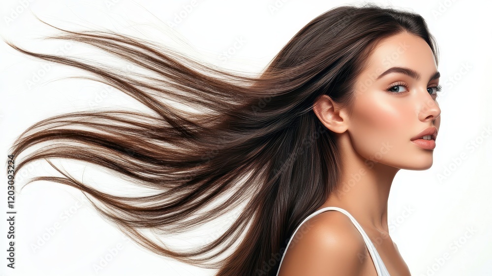 Elegant Brunette Woman with Healthy, Flowing Hair and Radiant Skin Elegant Brunette Woman with Healthy, Flowing Hair and Radiant Skin