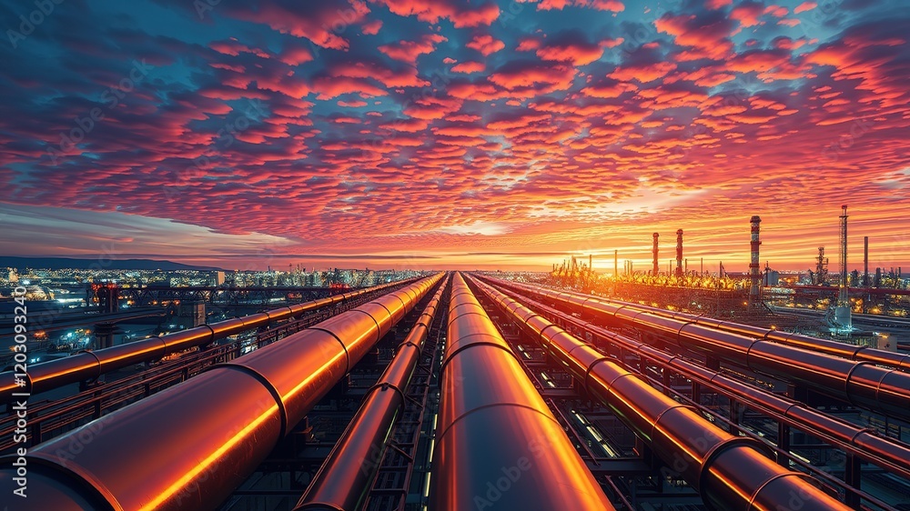Obraz premium Refinery Pipelines Horizon Network - Industrial Landscape