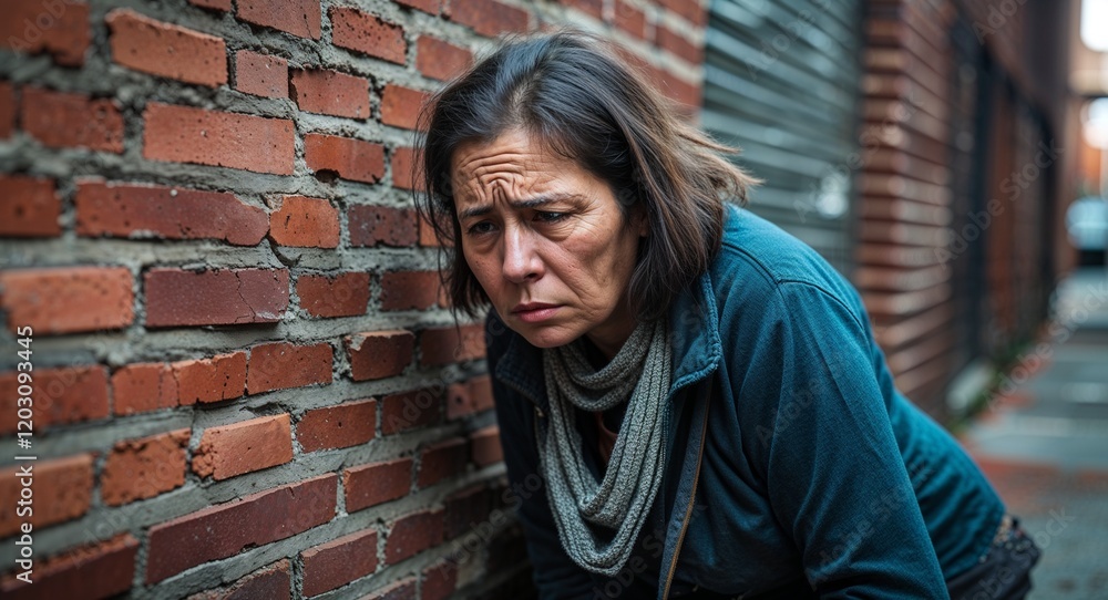 Homeless woman with sad expression leaning against brick wall in alley Homeless woman with sad expression leaning against brick wall in alley