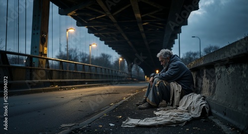 Lonely homeless person in ragged clothes under a dimly lit bridge