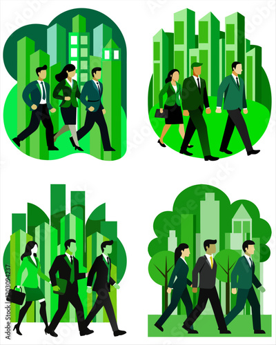 Green Business People Walking in City