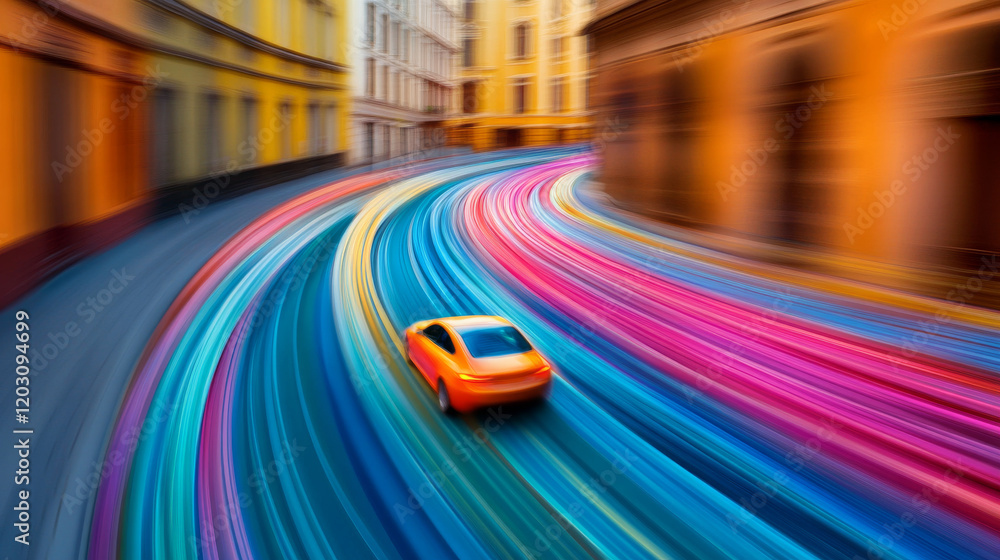 Fototapeta premium Dynamic urban scene featuring a car speeding on a street with colorful light trails, highlighting innovation, speed, and creativity in a lively city setting during evening.