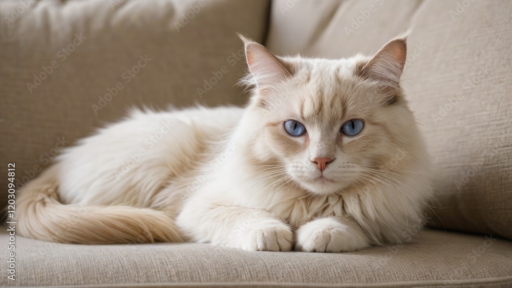 Cream point ragdoll cat lying on sofa in living room Cream point ragdoll cat lying on sofa in living room