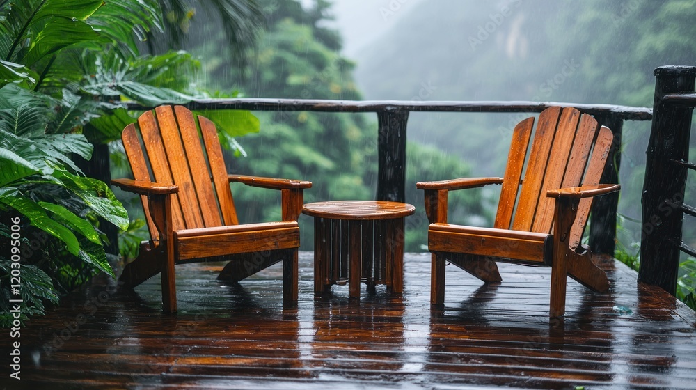 Wooden chairs on rainy jungle deck overlooking misty valley Wooden chairs on rainy jungle deck overlooking misty valley