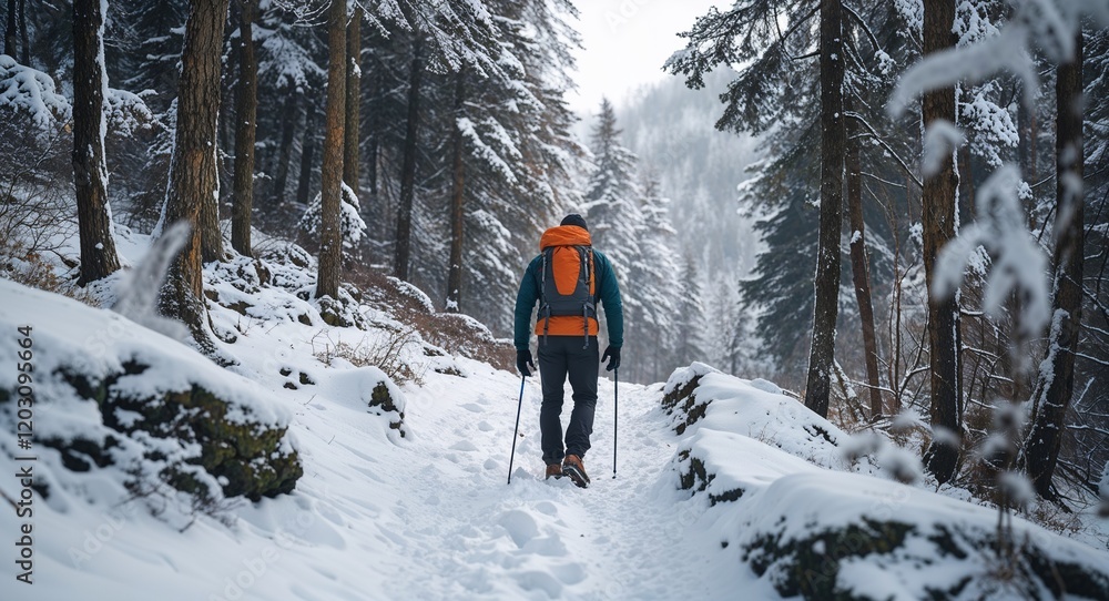 Winter concept with man trekking through snowy forest path