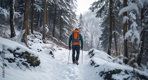 Obraz na płótnie Winter concept with man trekking through snowy forest path w salonie