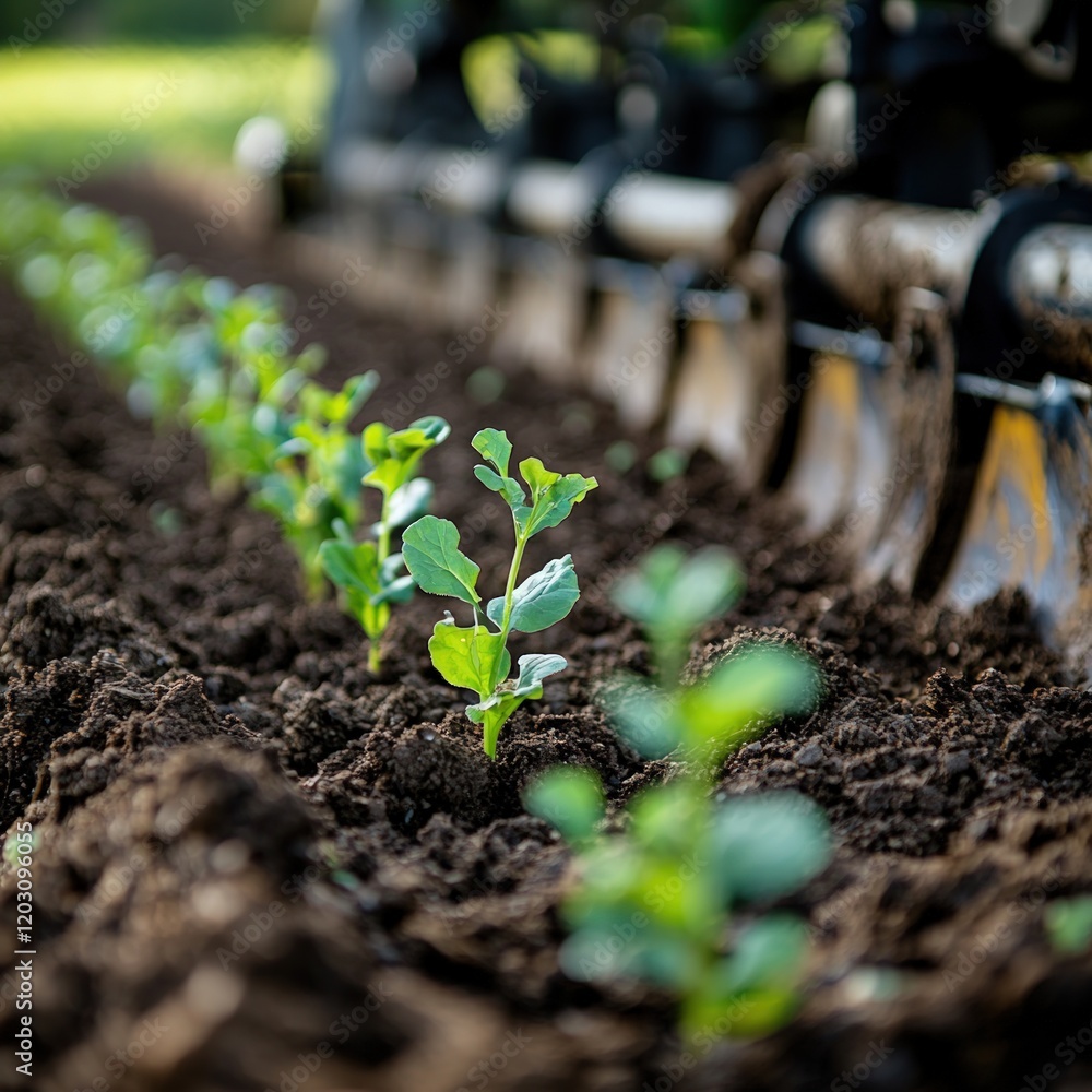 Young plants sprout in freshly tilled soil. Young plants sprout in freshly tilled soil.