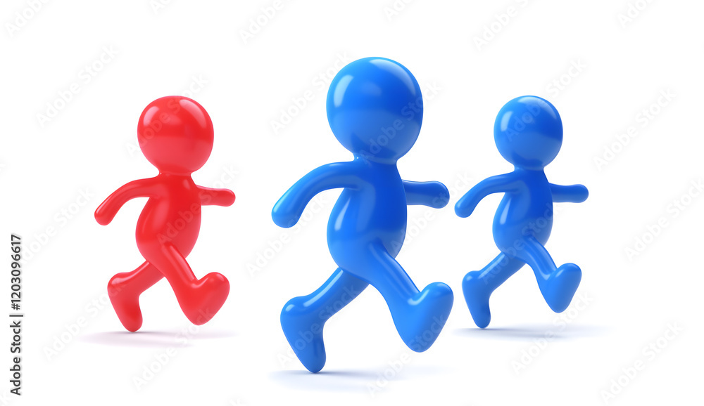 Leadership Concept: Red Figure Leading Blue Runners Leadership Concept: Red Figure Leading Blue Runners