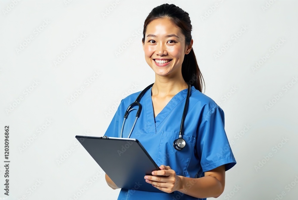 Smiling Nurse in Blue Scrubs with Clipboard - Healthcare AI Photo Smiling Nurse in Blue Scrubs with Clipboard - Healthcare AI Photo