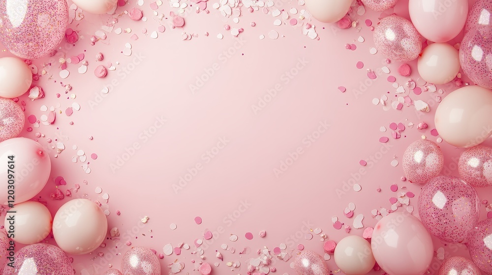 Elegant Pink Balloon Frame with Sparkling Confetti on Pastel Background Elegant Pink Balloon Frame with Sparkling Confetti on Pastel Background