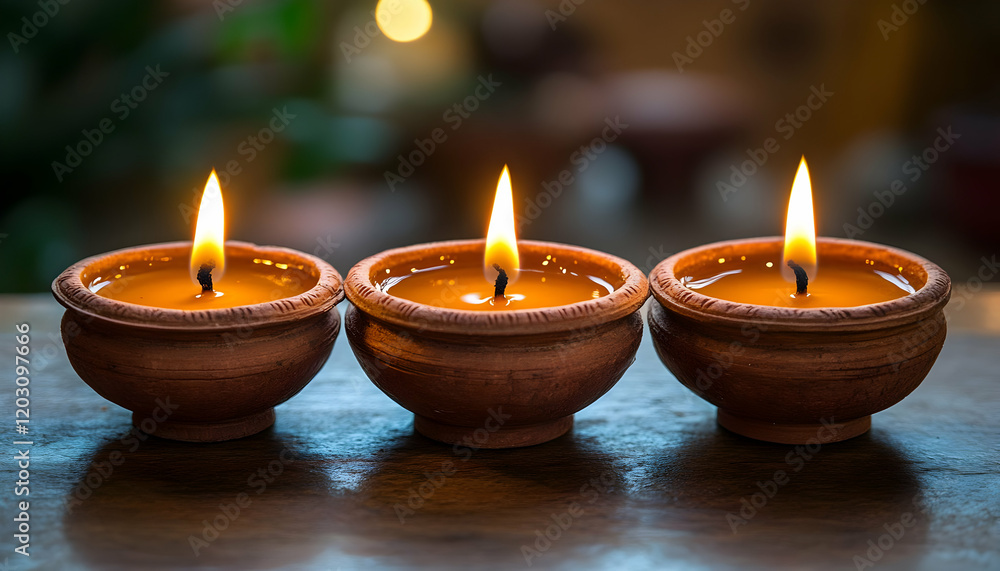 Three clay candles burning, serene home setting Three clay candles burning, serene home setting