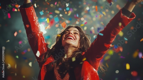 Joyful Woman Celebrating with Confetti and Energy in Red photo