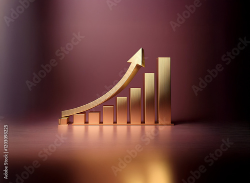 A golden bar graph ascends sharply, showcasing exponential growth and success against a rich, dark background.  The arrow symbolizes upward trajectory and positive financial trends.