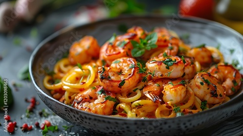Scampi with inkfish pasta and curry sauce shallow