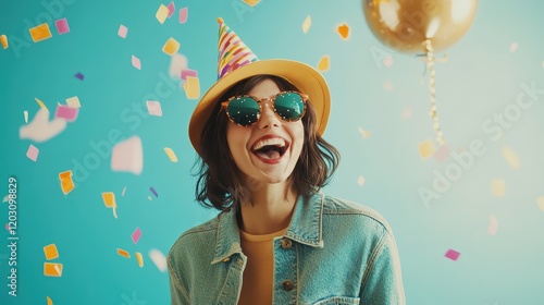 Cheerful Woman in Party Outfit with Sunglasses and Confetti Celebration photo