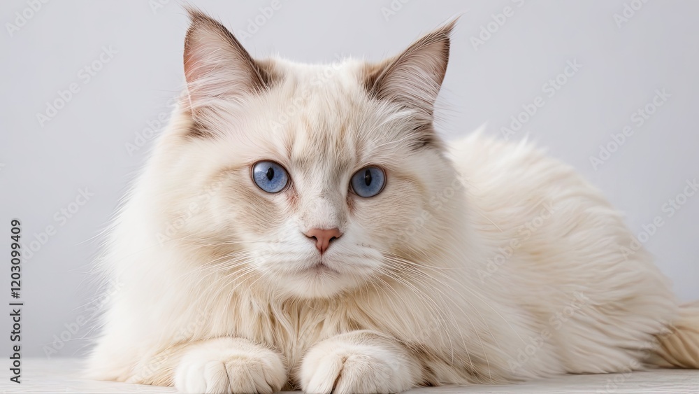 Portrait of Cream point ragdoll cat on grey background Portrait of Cream point ragdoll cat on grey background
