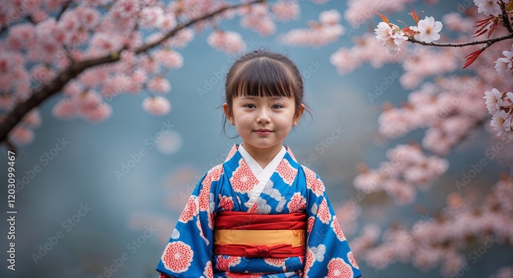 Child in traditional Japanese kimono with cherry blossom background Child in traditional Japanese kimono with cherry blossom background