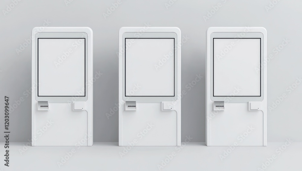 Clean white kiosks enhance open space, light tones enrich simple sleek visual charm.