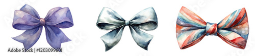 Colorful watercolor bows, elegant ribbon designs, festive decorations, gift wrapping accents, artistic illustrations.