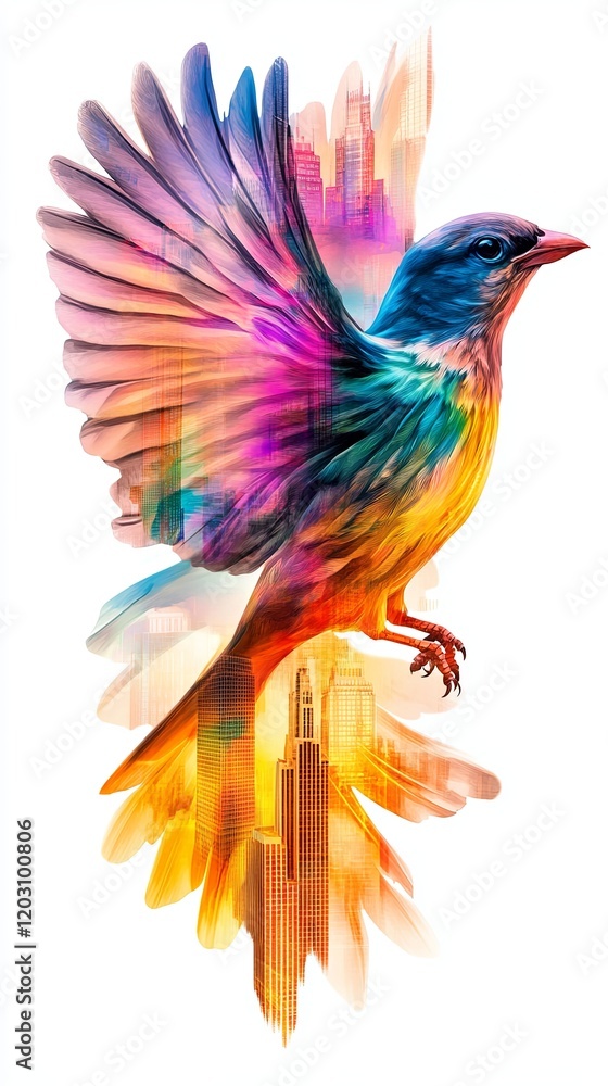 Vibrant Bird in Flight Above City Skyline Vibrant Bird in Flight Above City Skyline