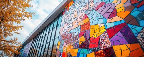 Colorful mosaic facade of a cultural center, vibrant design, artistic community