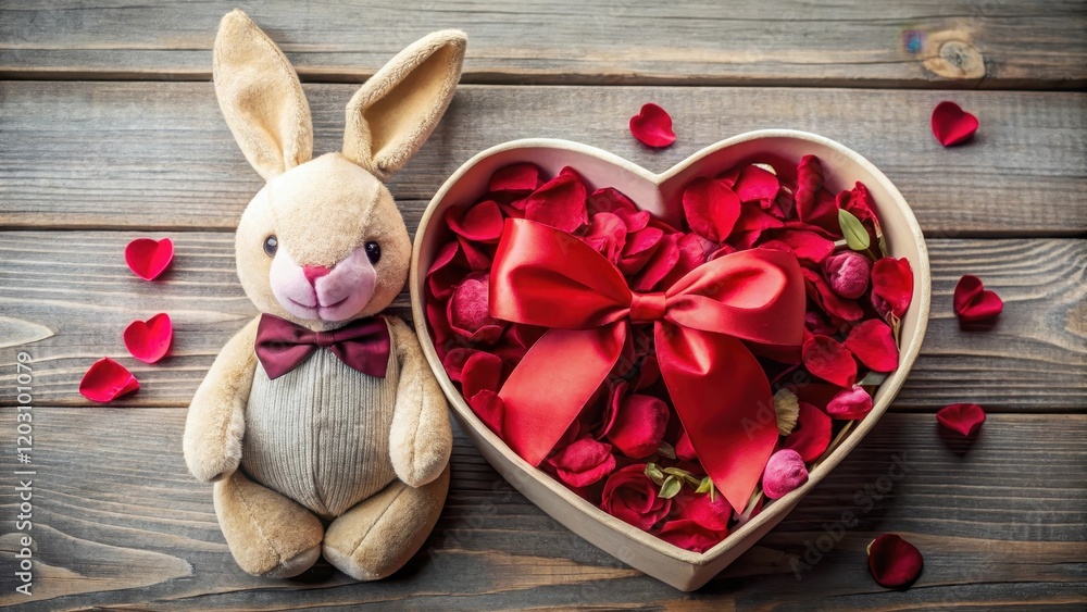A delicate heart-shaped box filled with rose petals and a small stuffed rabbit wearing a bow tie , gift basket, heart shaped box A delicate heart-shaped box filled with rose petals and a small stuffed rabbit wearing a bow tie , gift basket, heart shaped box