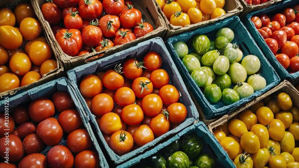 A variety of tomatoes and green peppers are displayed in blue boxes A variety of tomatoes and green peppers are displayed in blue boxes