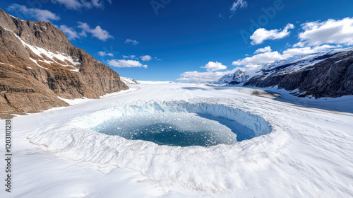 stunning glacier landscape featuring deep blue crevasse surrounded by snow photo