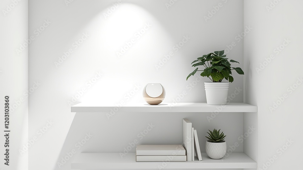 White Shelf with Spot Lighting - AI Photo, Modern, Interior Design, Home Decor, Minimalist, Aesthetic, Bright, High Quality, Shelf, Display, Decor, Lighting, Photography, Studio Shot White Shelf with Spot Lighting - AI Photo, Modern, Interior Design, Home Decor, Minimalist, Aesthetic, Bright, High Quality, Shelf, Display, Decor, Lighting, Photography, Studio Shot
