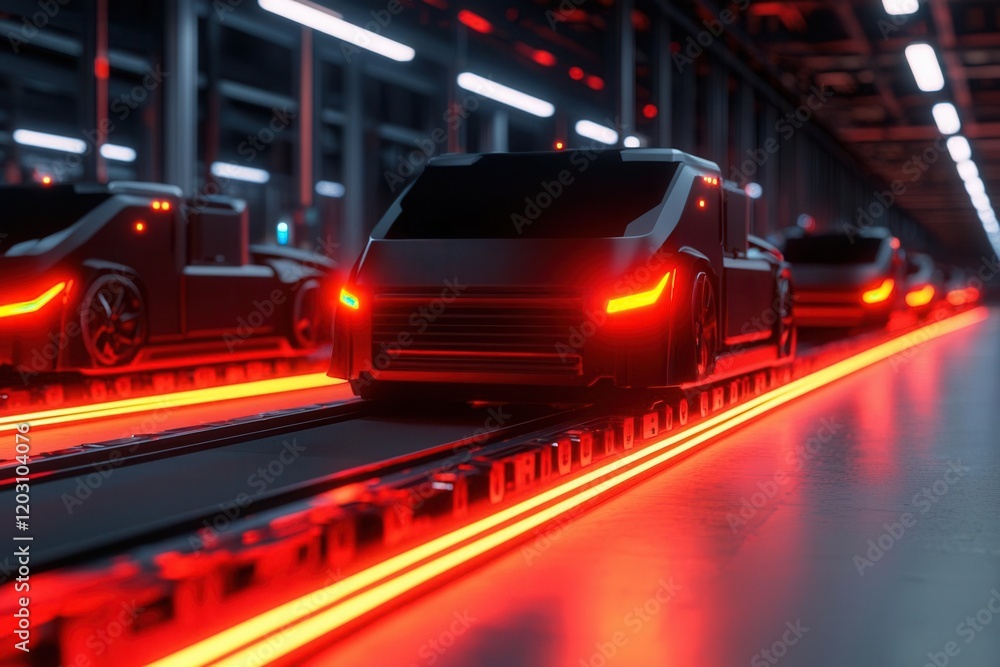 Fototapeta premium Automated vehicle production futuristic factory industrial environment low angle innovation