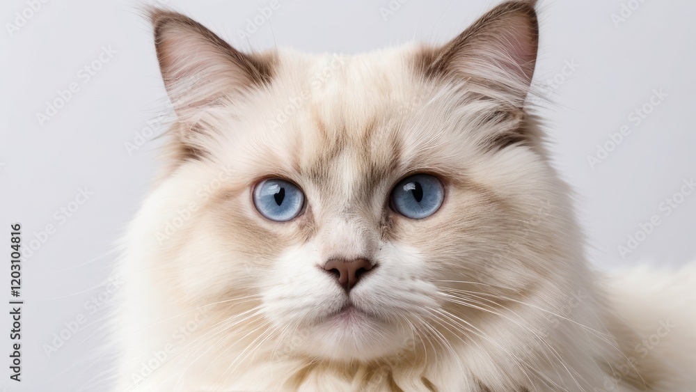 Portrait of Cream point ragdoll cat on grey background Portrait of Cream point ragdoll cat on grey background